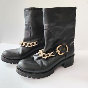 Mally Black Leather Gold Chain Lug Sole Boots EU38